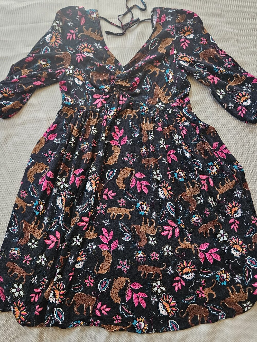Torrid Mini Rayon Slub Balloon Sleeve Twist Font Dress Black Size 00 Leopard